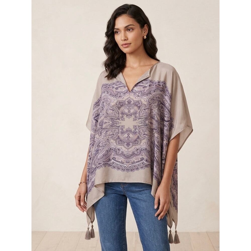 Marrakech Women’s 100% Silk Blouse Top S Tapestry Kaftan Purple Boho Artsy